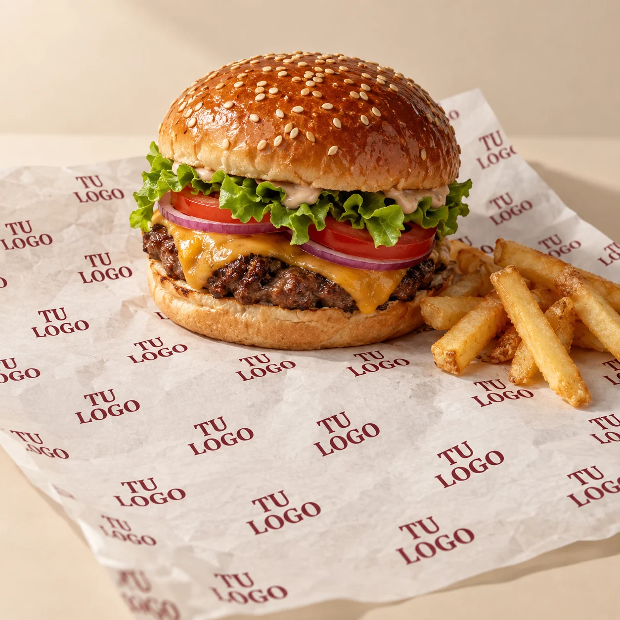 Mockup ilustrativo de una hamburguesa sobre papel blanco personalizado con una trama de una tinta que dice Tu logo.