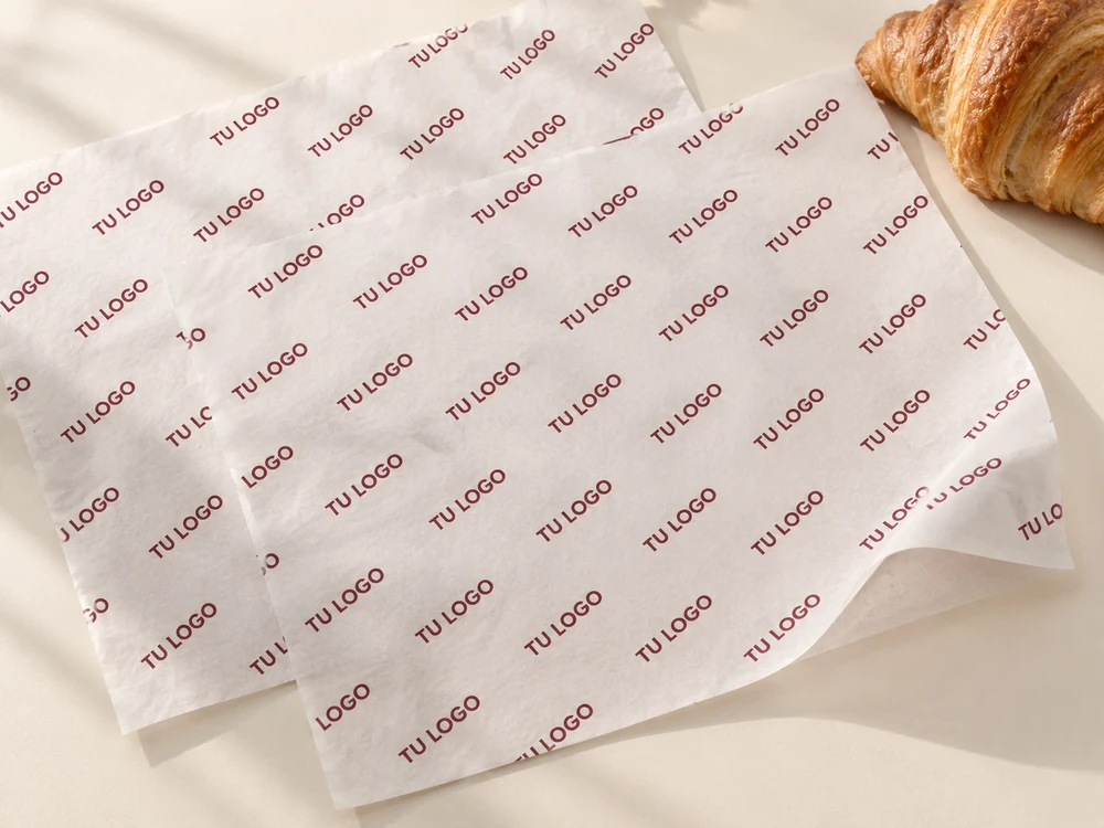 Mockup ilustrativo de hojas de papel antigrasa con una trama de una tinta color vino y las palabras Tu logo.
